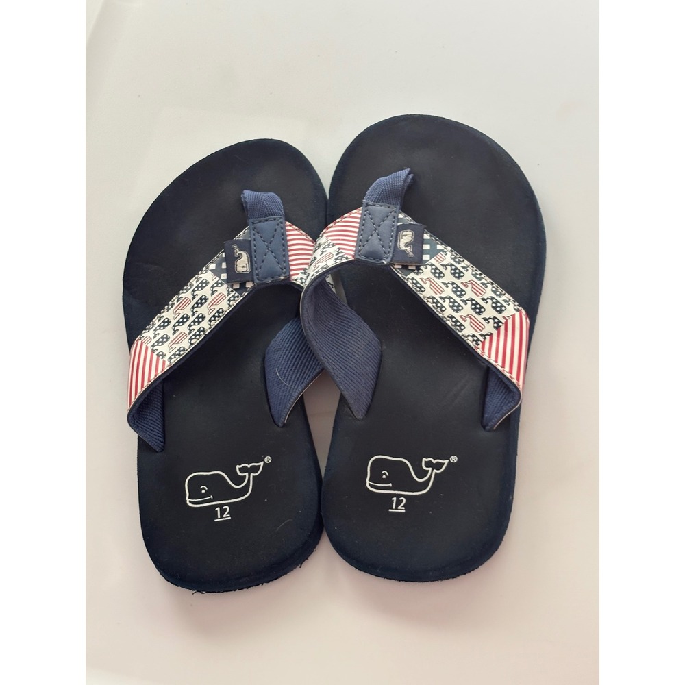 Vineyard Vines Boys Navy Blue Patriotic Flag Whale Flip Flop Sandals Size 12